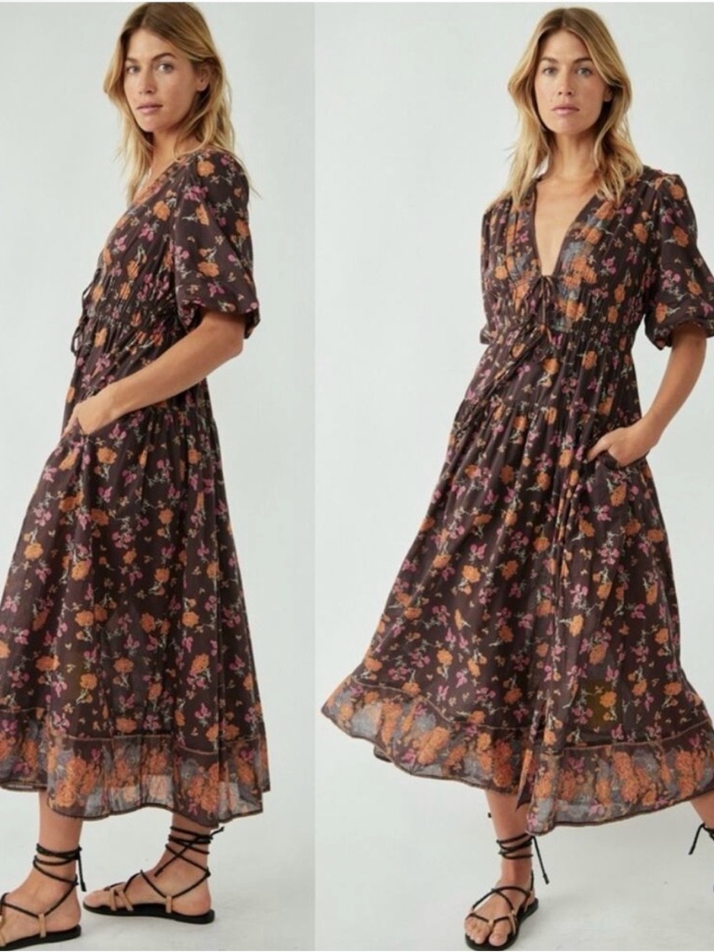Free People Brown Floral Maxi Dress with Pink and Gold Accents